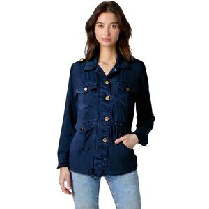 Lucky Brand Y2K 100% Linen Utility Jacket Navy Blue Size L Coastal Beach Spring